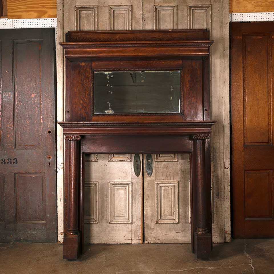 60x89 Antique Oak Fireplace Mantel w/ Mirror image 1