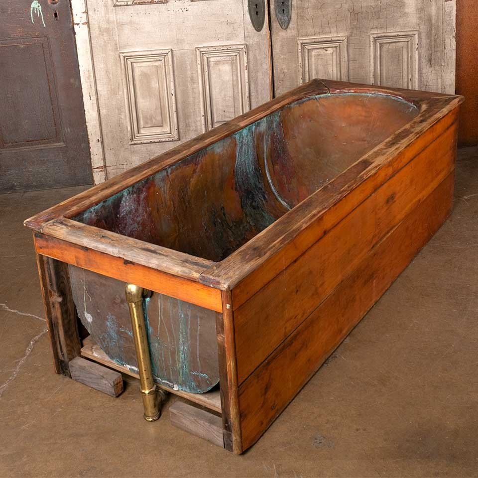 28x68 Copper Bathtub with Pine Wood Apron image 7