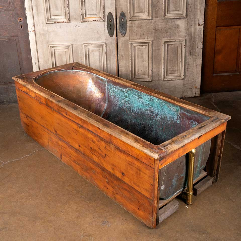 28x68 Copper Bathtub with Pine Wood Apron image 3