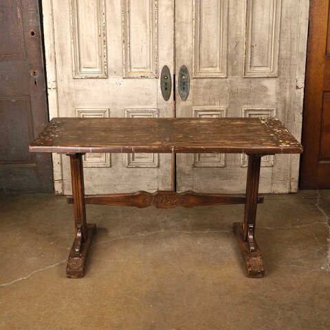 52x20 Antique Carved Wood Trestle Table