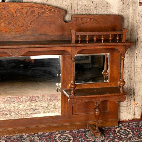 #52625 Salvaged Antique Oak Overmantel Mirror image 6