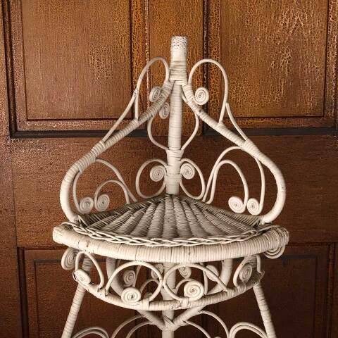 #53353 Vintage White Wicker Corner Etagere Shelf image 2