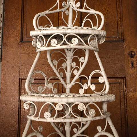 #53353 Vintage White Wicker Corner Etagere Shelf image 5