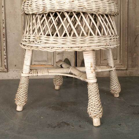 #53355 Vintage White Woven Wicker Rattan Stool image 2