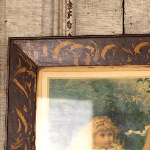 #53404 Antique Framed Lithograph of Girl & Dog image 3