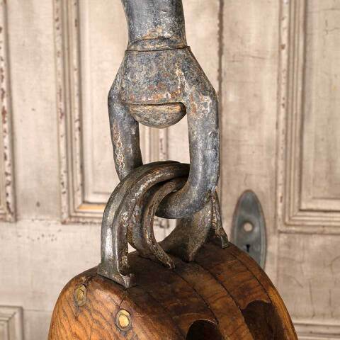 #54914 Large Antique Wood & Metal Pulley w/ Hook image 4