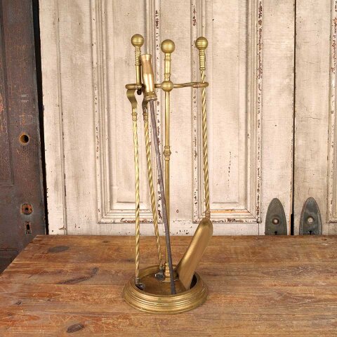 Antique 3 Pc. Brass Fireplace Tool Set & Stand